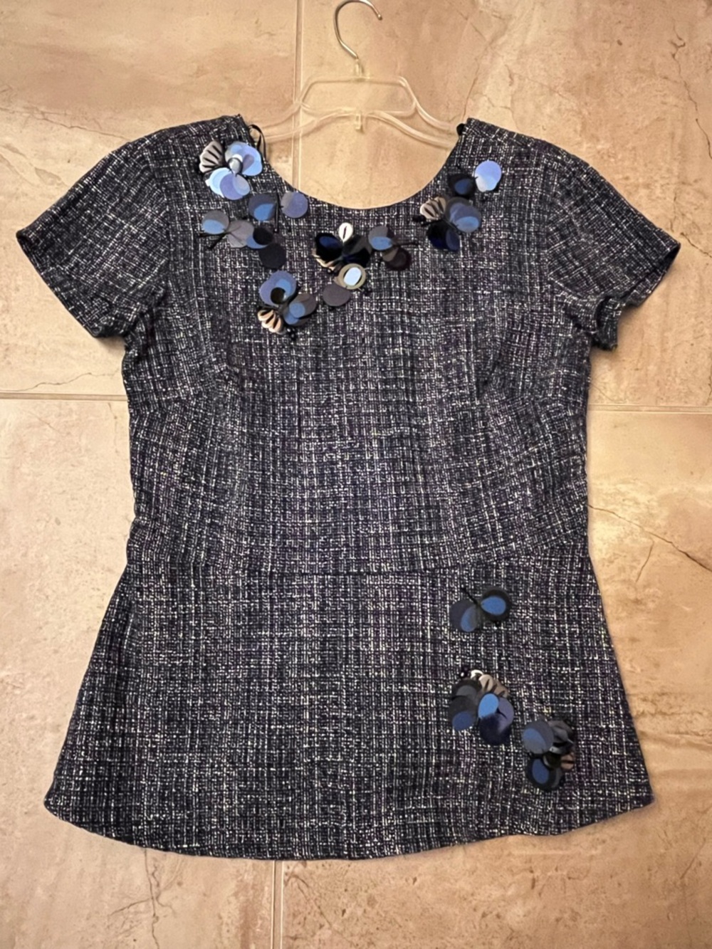 Banana Republic Navy Blue Tweed Floral Appliqué Short Sleeve Top